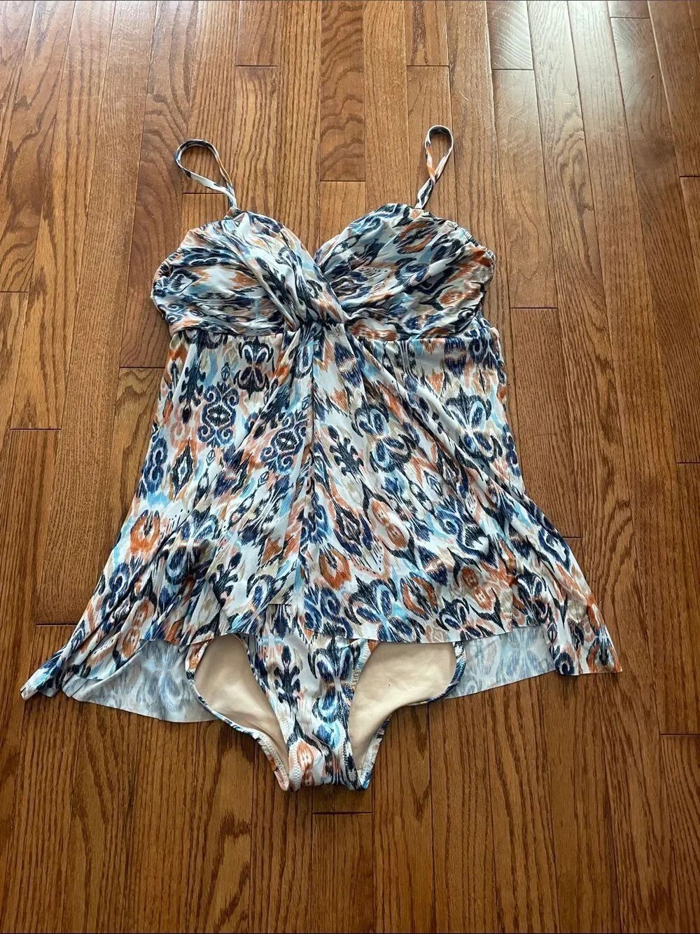 Garnet Hill Blue Print One Piece Swimsuit Swim dress Sz 16